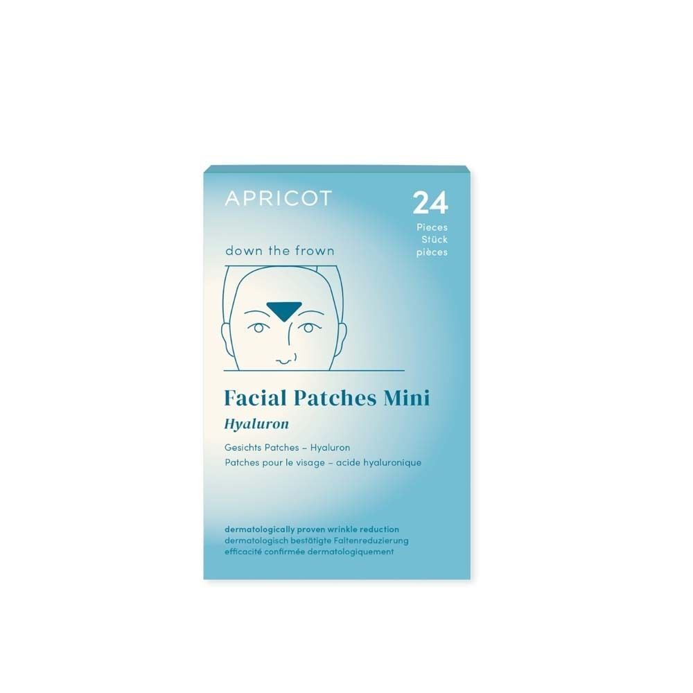 Verpackung von APRICOT Facial Patches Mini mit Hyaluron. Blaue Verpackung mit Produktnamen und 24 Stück.