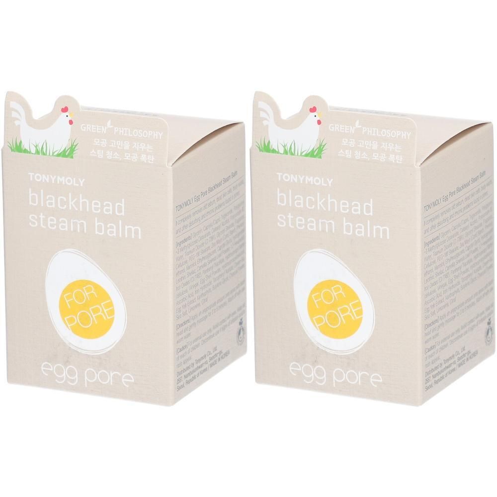 Zwei quadratische Kartons. Aufschrift: TONYMOLY blackhead steam balm. Bild eines Eis mit Aufschrift FOR PORE.