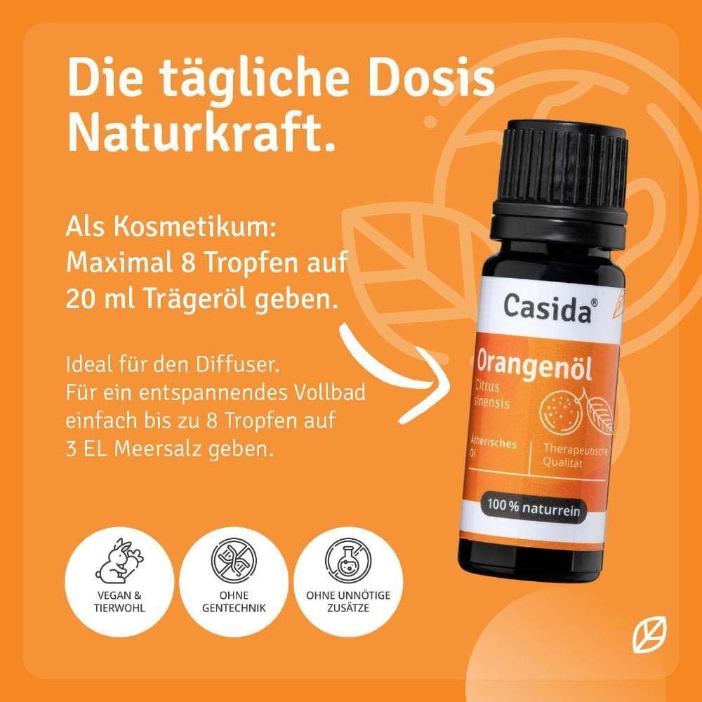 Flasche Casida® Orangenöl. Braune Glasflasche mit schwarzem Deckel. Etikett mit Aufschrift: Orangenöl, Citrus sinensis, 100% naturrein. Vegan-Siegel.