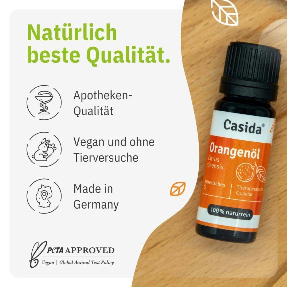 Flasche Casida® Orangenöl. Braune Glasflasche mit schwarzem Deckel. Etikett mit Aufschrift: Orangenöl, Citrus sinensis, 100% naturrein. Vegan-Siegel.