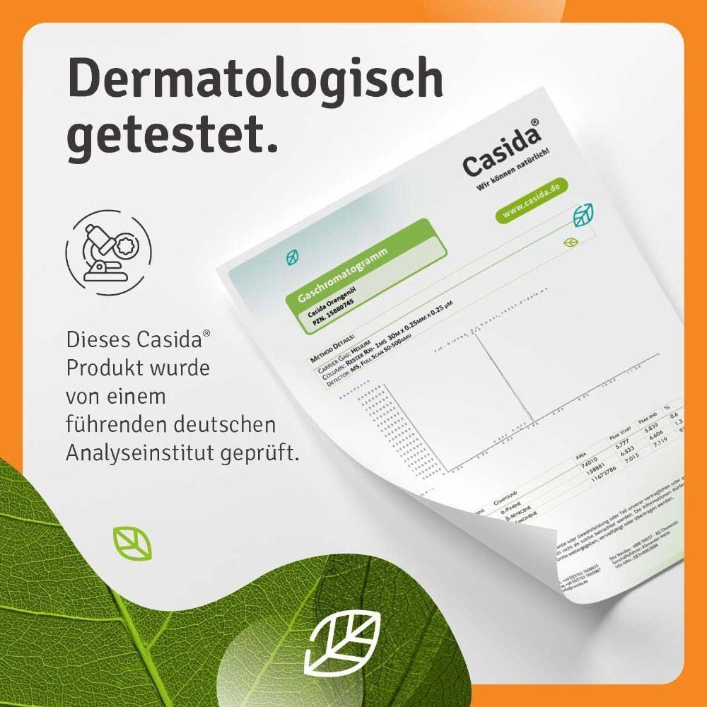 Zertifikat von Casida® Orangenöl. Analyseinstitut-Bericht. Produkt geprüft. Aufschrift: Casida® Orangenöl. Dermatologisch getestet.