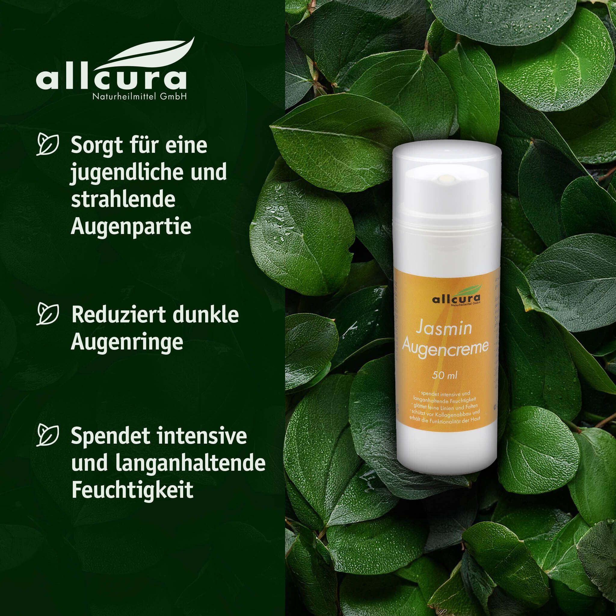 Weiße Flasche Jasmin Augencreme, 50 ml, vor grünem Blattwerk. Aufschrift: allcura, Jasmin Augencreme.