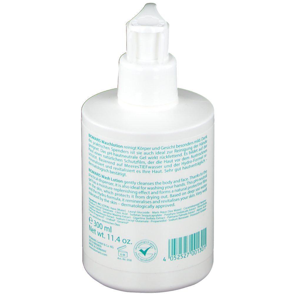 Weiße Flasche mit Pumpverschluss. Aufschrift: BIOMARIS Waschlotion. Türkis-farbener Streifen. Text und Logo auf der Rückseite.