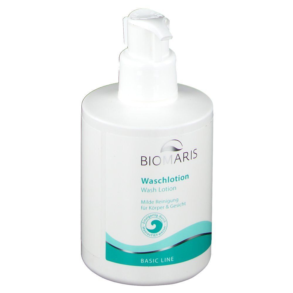 Weiße Flasche mit Pumpverschluss. Aufschrift: BIOMARIS Waschlotion. Türkis-farbener Streifen und Logo. BASIC LINE.