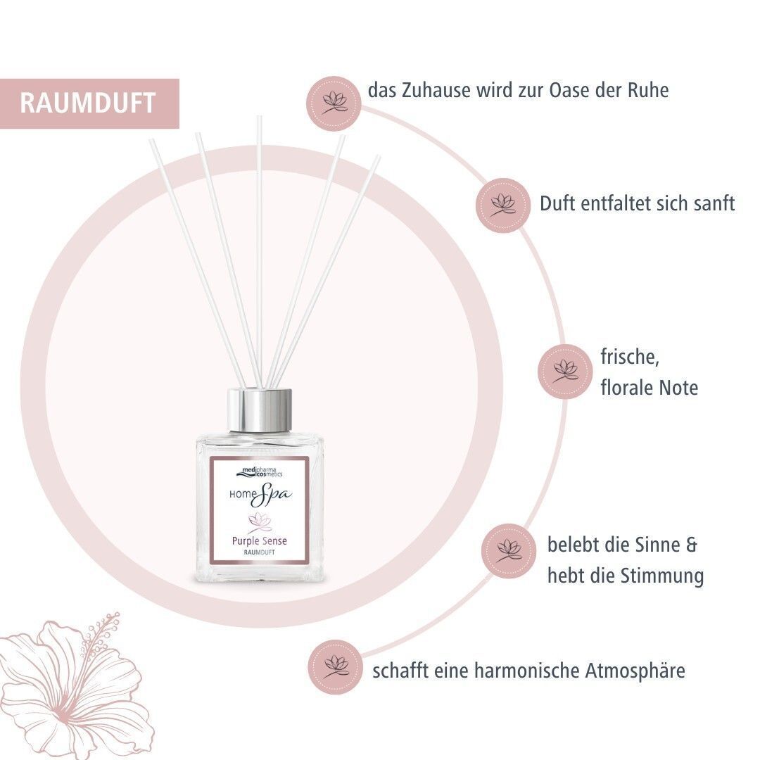 Raumduft-Set mit Flakon und Stäbchen. Aufschrift: HOME Spa Purple Sense Raumduft. Text mit Vorteilen: frische, florale Note, belebt die Sinne, harmonische Atmosphäre.