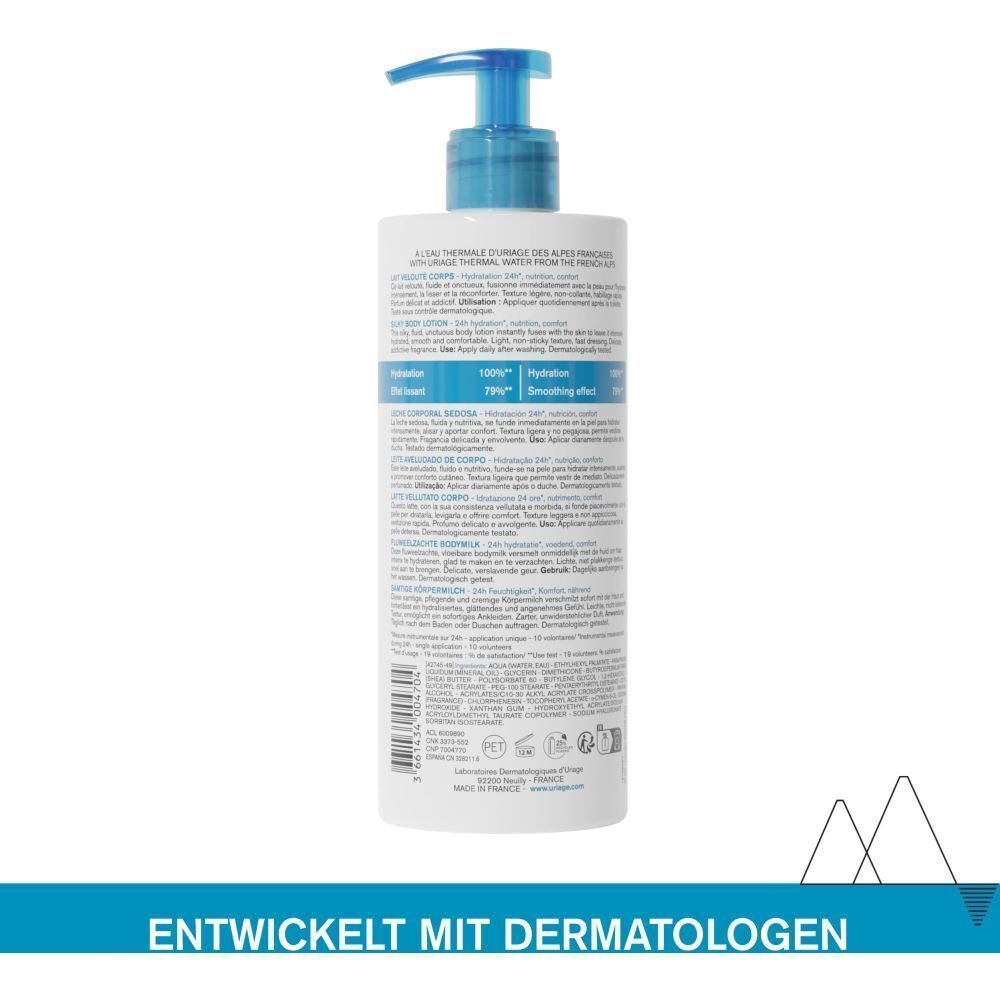 Rückseite einer Uriage Eau Thermale Flasche. Textinformationen, Inhaltsstoffe und Herstellerangaben sind sichtbar.