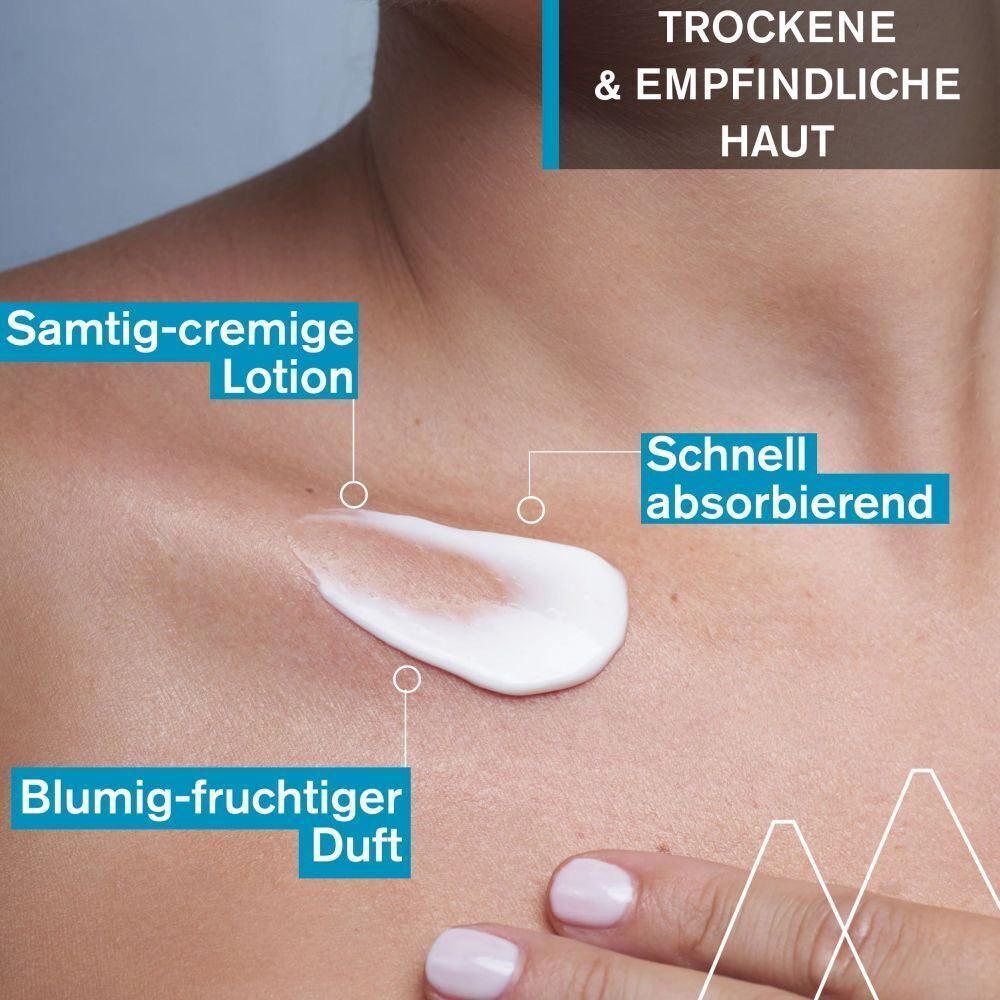 Haut mit Creme. Text: Samtig-cremige Lotion, schnell absorbierend, blumig-fruchtiger Duft. Für trockene & empfindliche Haut.