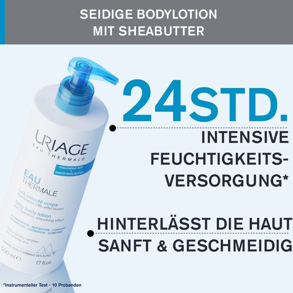 Uriage Eau Thermale Flasche mit Text: 24 Stunden intensive Feuchtigkeitsversorgung. Hinterlässt die Haut sanft & geschmeidig.