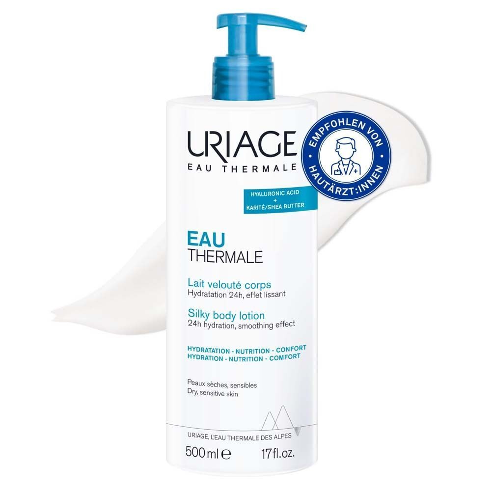 Uriage Eau Thermale Körpermilch Flasche mit blauem Pumpverschluss. Empfohlen von Hautärzten. Produktinformationen.