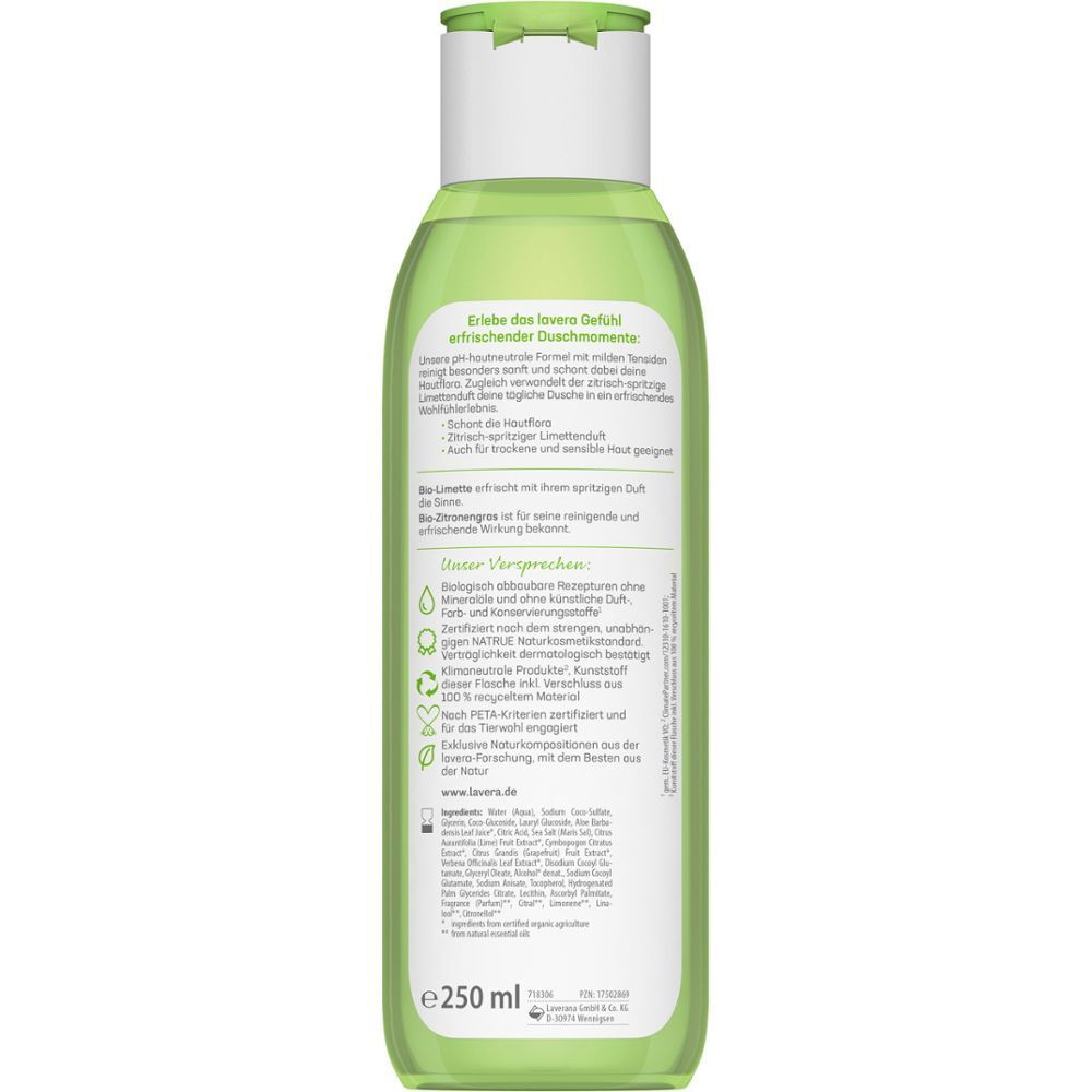 Grüne Flasche mit weißem Deckel. Rückseite mit Text und Inhaltsangaben. Aufschrift: lavera, e 250 ml.