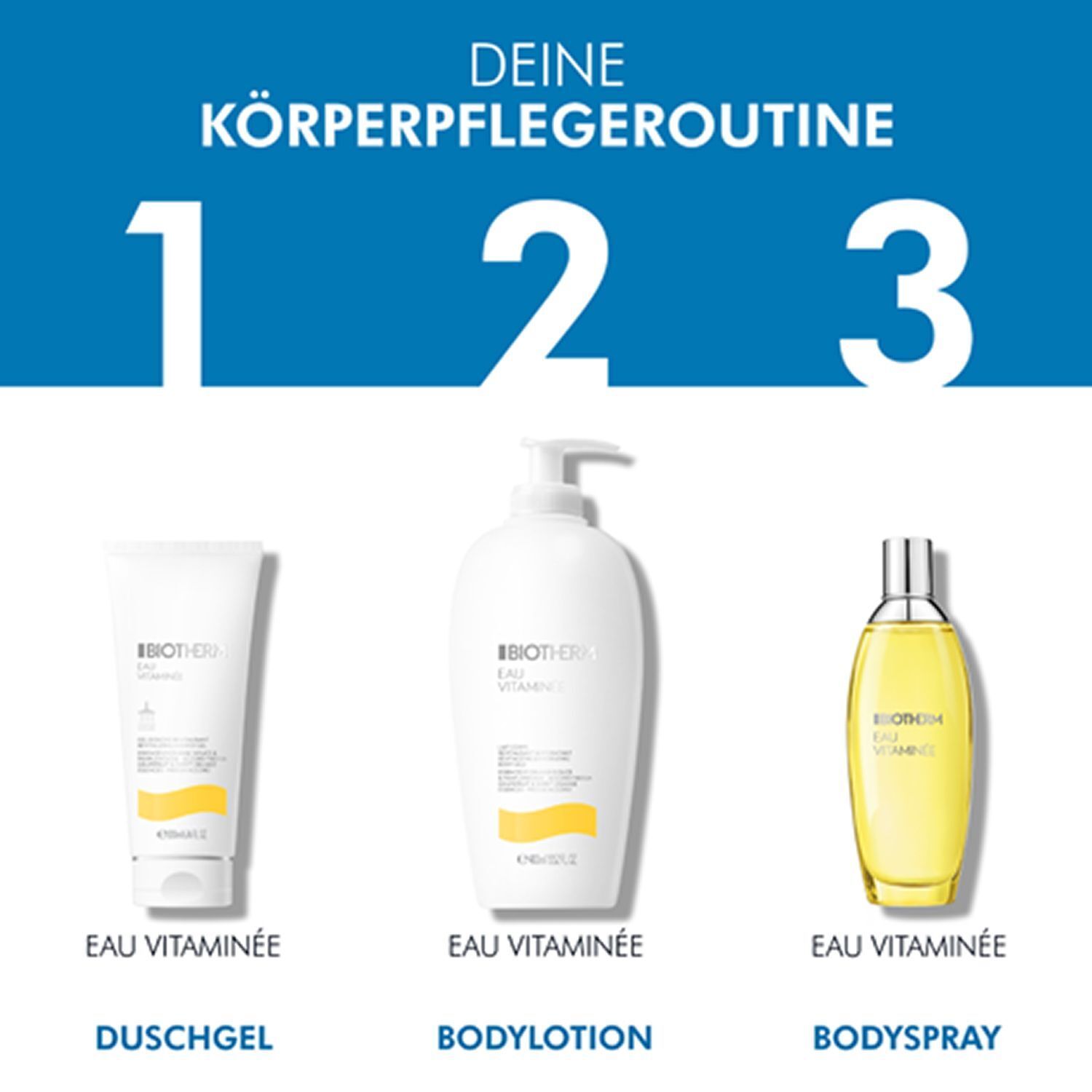 Drei BIOTHERM Eau Vitaminee Produkte: Duschgel, Bodylotion, Bodyspray. Auf blauem Hintergrund.