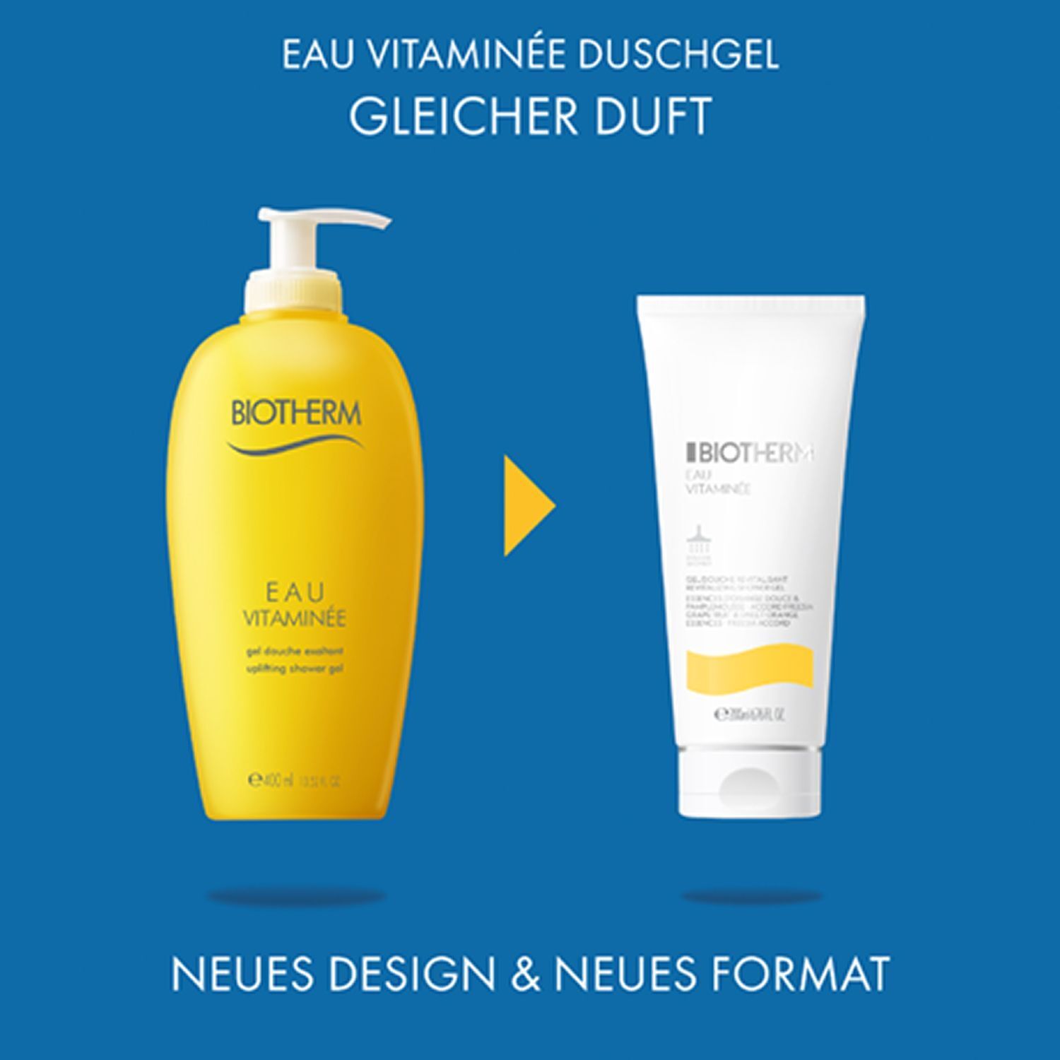 Gelbe Flasche und Tube Duschgel. Gelbe Flasche: Eau Vitaminee. Tube: Eau Vitaminee Duschgel.