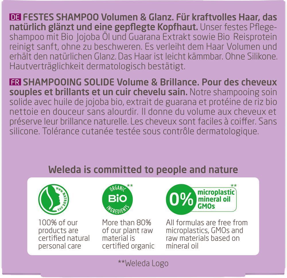 Rückseite der Verpackung des festen Shampoos WELEDA. Text in Deutsch und Französisch, mit Zertifizierungen und Logos.