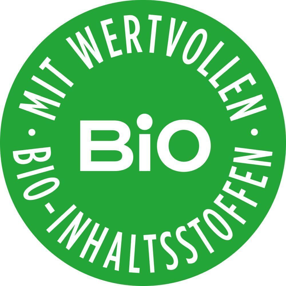 Rundes grünes Bio-Logo mit Text: BIO - MIT WERTVOLLEN BIO-INHALTSSTOFFEN.