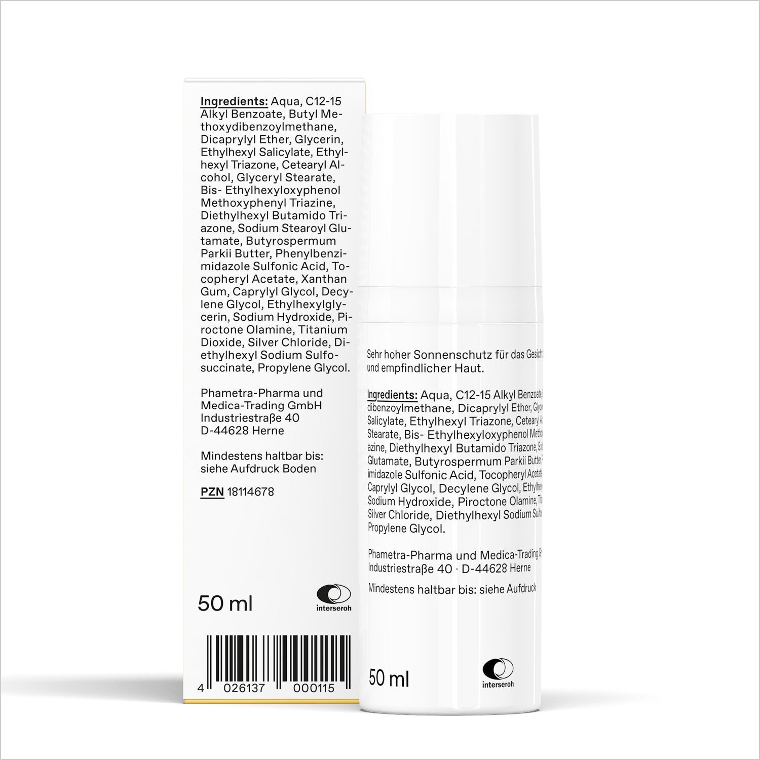 Weiße Flasche mit Text und Inhaltsstoffen. Aufschrift: MED Sonnencreme LSF 50+. Rückseite mit Inhaltsangaben und Hersteller.