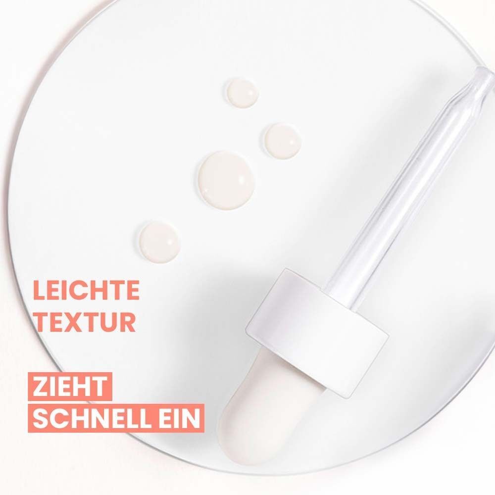 Pipette mit Serumtropfen. Text: Leichte Textur, zieht schnell ein.