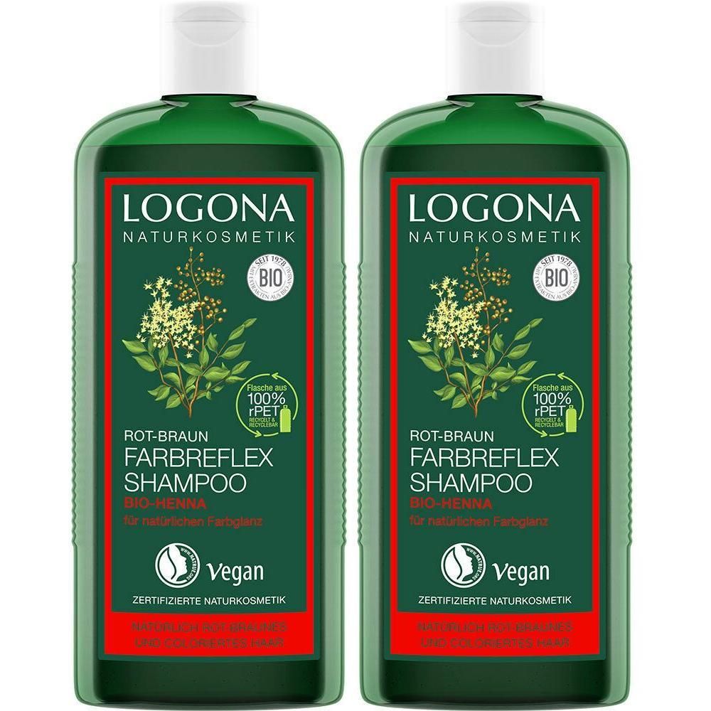 Zwei grüne Flaschen LOGONA FARBREFLEX SHAMPOO. Rote Schrift, Bio-Henna-Logo, Vegan-Siegel. Weiße Deckel, rechteckige Form.