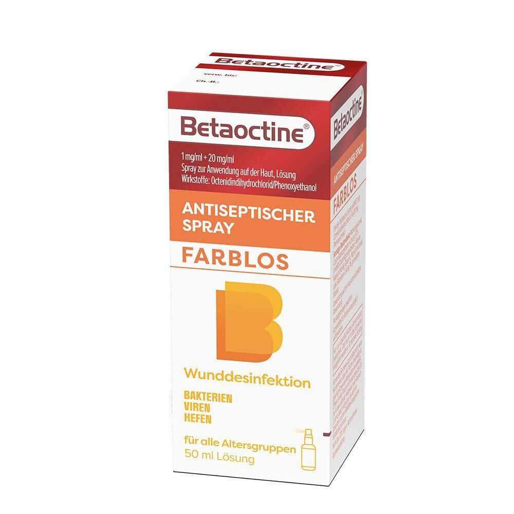 Verpackung von Betaoctine Antiseptischer Spray. Weiß mit orangefarbenen Akzenten. Text: Antiseptischer Spray, farblos, Wunddesinfektion.
