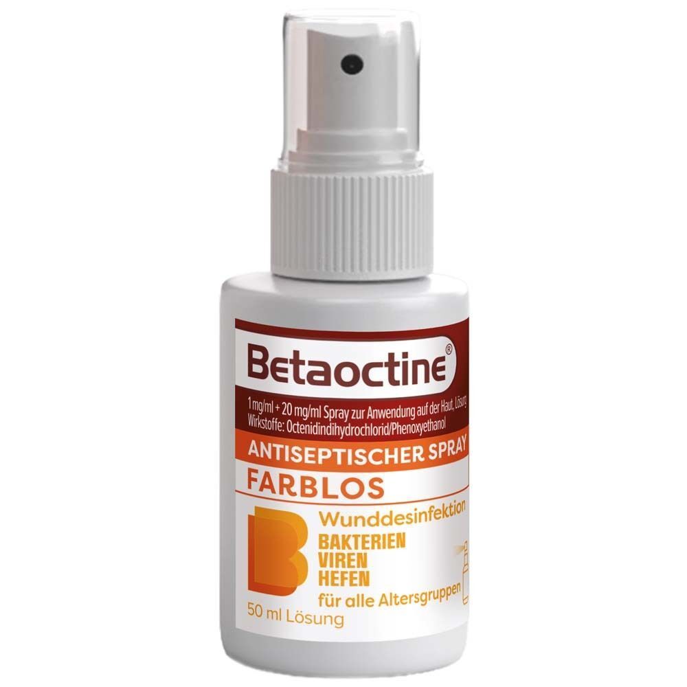 Flasche Betaoctine Antiseptischer Spray. Weiße Flasche mit Sprühkopf. Text: Antiseptischer Spray, farblos, Wunddesinfektion.
