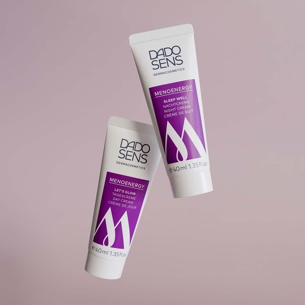 Zwei Tuben DADOSENS MENOENERGY. Nachtcreme und Tagescreme. Weiße Tuben mit lila Schrift. 40ml.