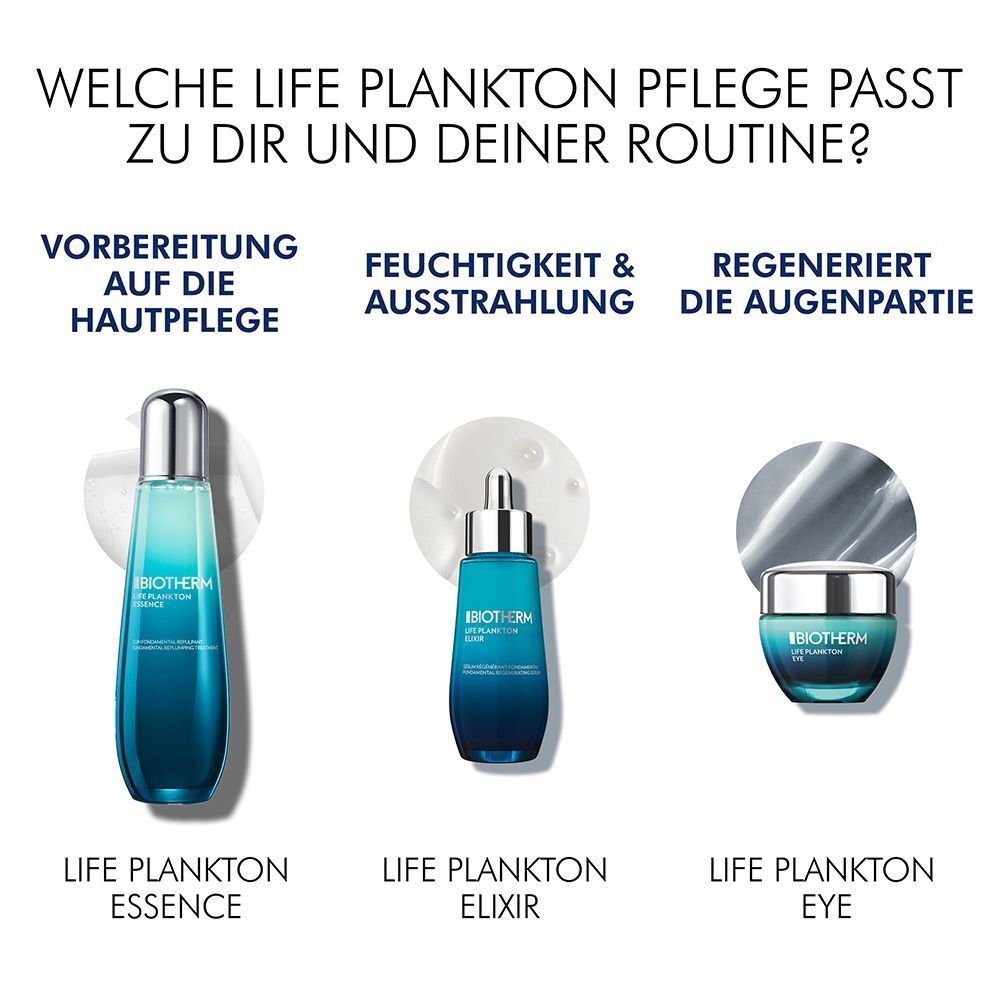 Drei Produkte: Life Plankton Essence, Life Plankton Elixir und Life Plankton Eye. Text: Welche Life Plankton Pflege passt zu dir?