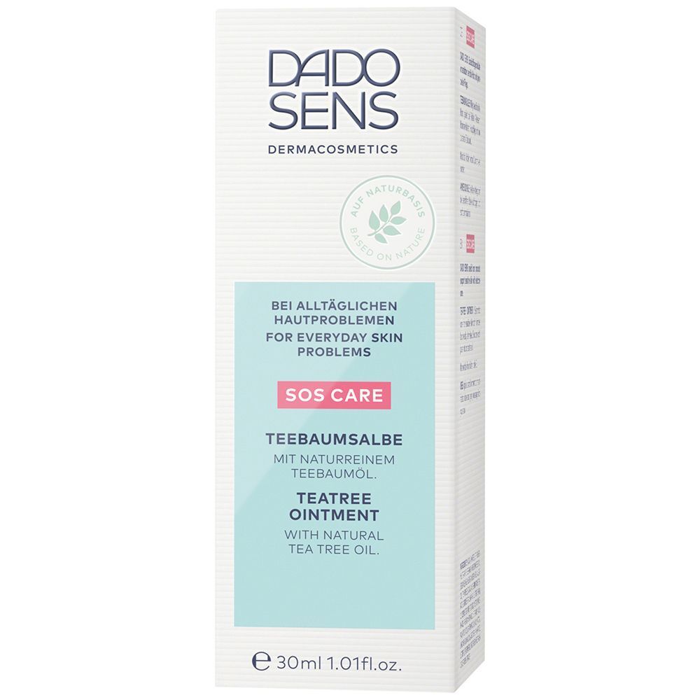 Weiße Faltschachtel DADO SENS SOS CARE Teebalsam mit 30ml Inhalt.