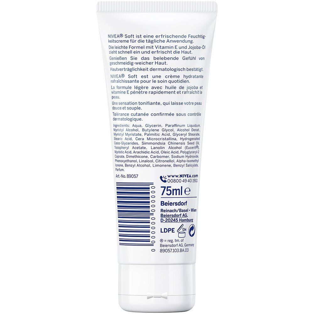 Weiße Tube NIVEA Soft Creme, Rückseite. Text in Deutsch und Französisch. Barcode und 75ml-Angabe.