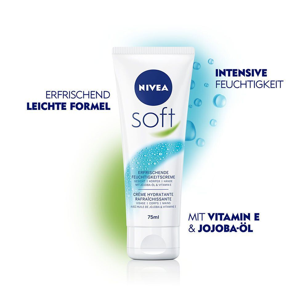 Weiße Tube NIVEA Soft Creme. Blaue Logos und Schriftzüge. Aufschrift: Erfrischende Feuchtigkeitscreme. 75ml.