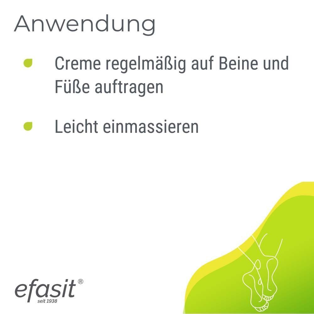 Text: Anwendung. Creme regelmäßig auf Beine und Füße auftragen. Leicht einmassieren. Logo efasit.