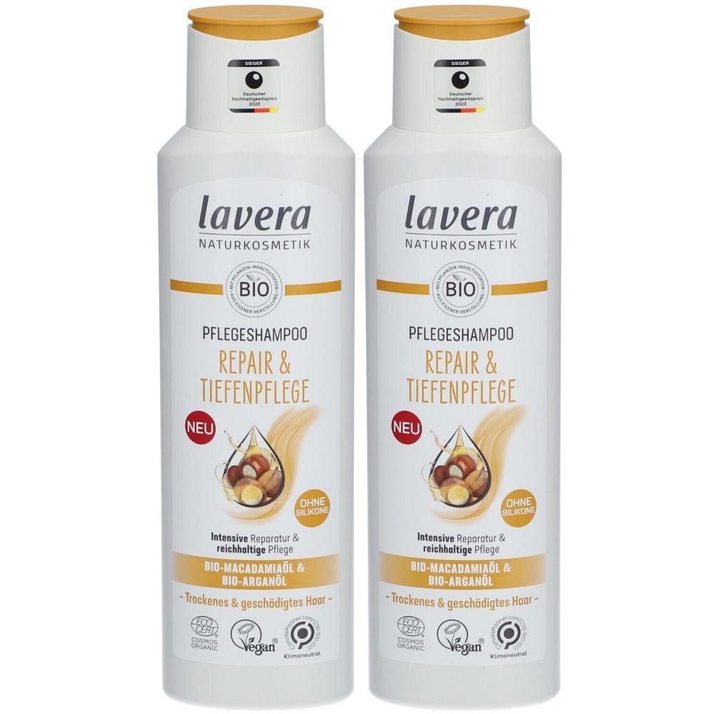 Zwei weiße Flaschen mit gelbem Deckel. Aufschrift: lavera NATURKOSMETIK, Pflegeshampoo Repair & Tiefenpflege. BIO-Siegel, vegan.