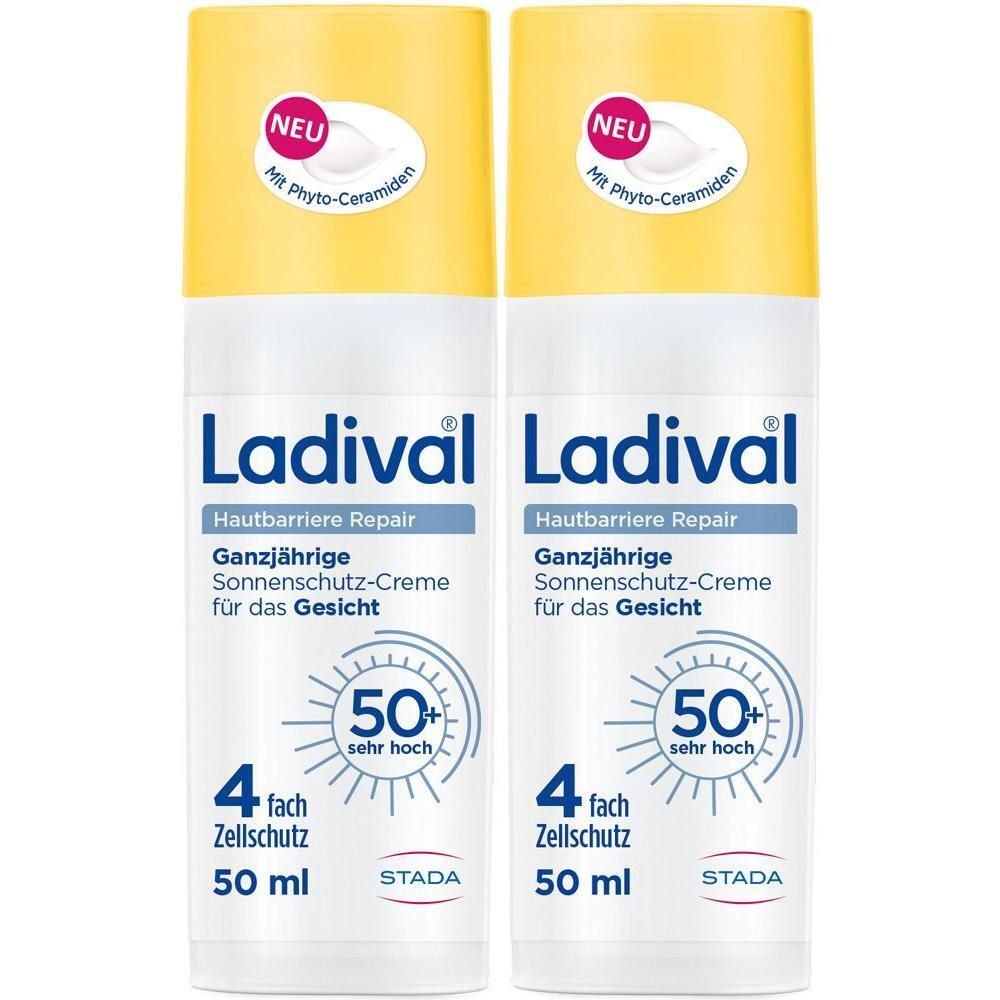 Zwei Flaschen Ladival Sonnenschutz-Creme LSF 50+. Gelbe Kappe, weißer Behälter. Aufschrift: Hautbarriere Repair, 50 ml.