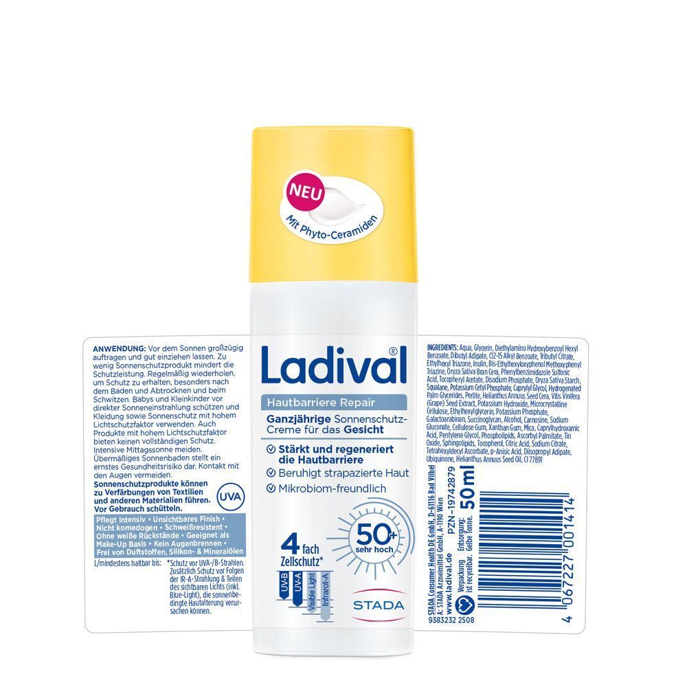 Ladival Sonnenschutz-Creme LSF 50+ in weißer Flasche mit gelbem Deckel. Text: Hautbarriere Repair, 50 ml. Produktinformationen.