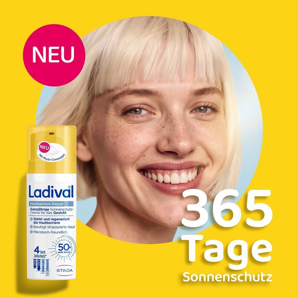 Frau mit Ladival Sonnenschutz-Creme. Gelber Hintergrund. Text: 365 Tage Sonnenschutz. Produkt in weißer Flasche mit gelbem Deckel.