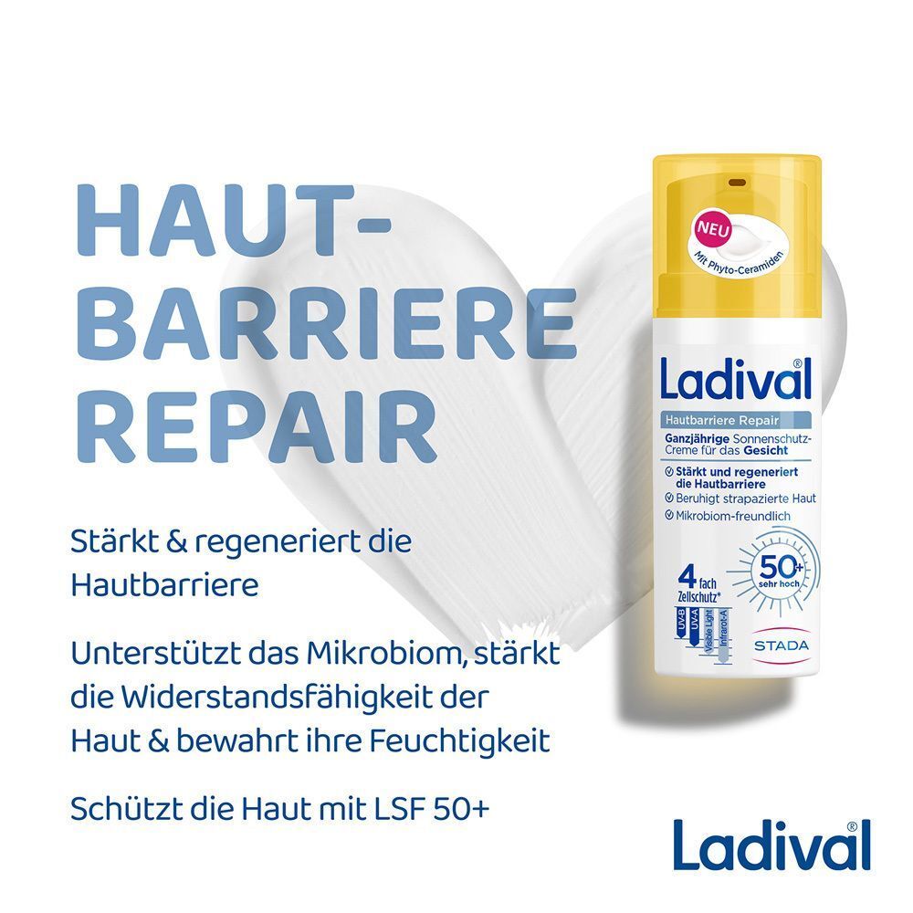 Text: Hautbarriere Repair. Ladival Sonnenschutz-Creme LSF 50+ in weißer Flasche mit gelbem Deckel. Text: 4-fach Zellschutz.