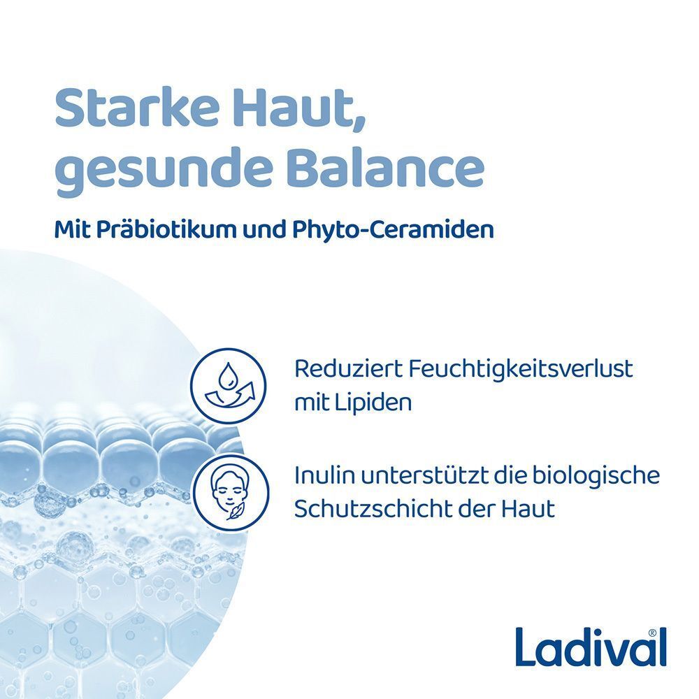 Text: Starke Haut, gesunde Balance. Abbildung von Hautzellen. Text: Mit Präbiotikum und Phyto-Ceramiden.
