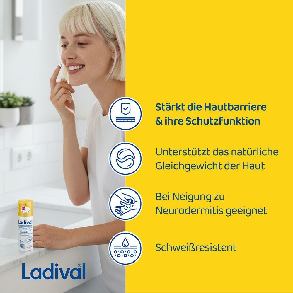 Frau mit Ladival Sonnenschutz-Creme. Gelber Hintergrund. Text: Stärkt die Hautbarriere. Geeignet bei Neurodermitis.