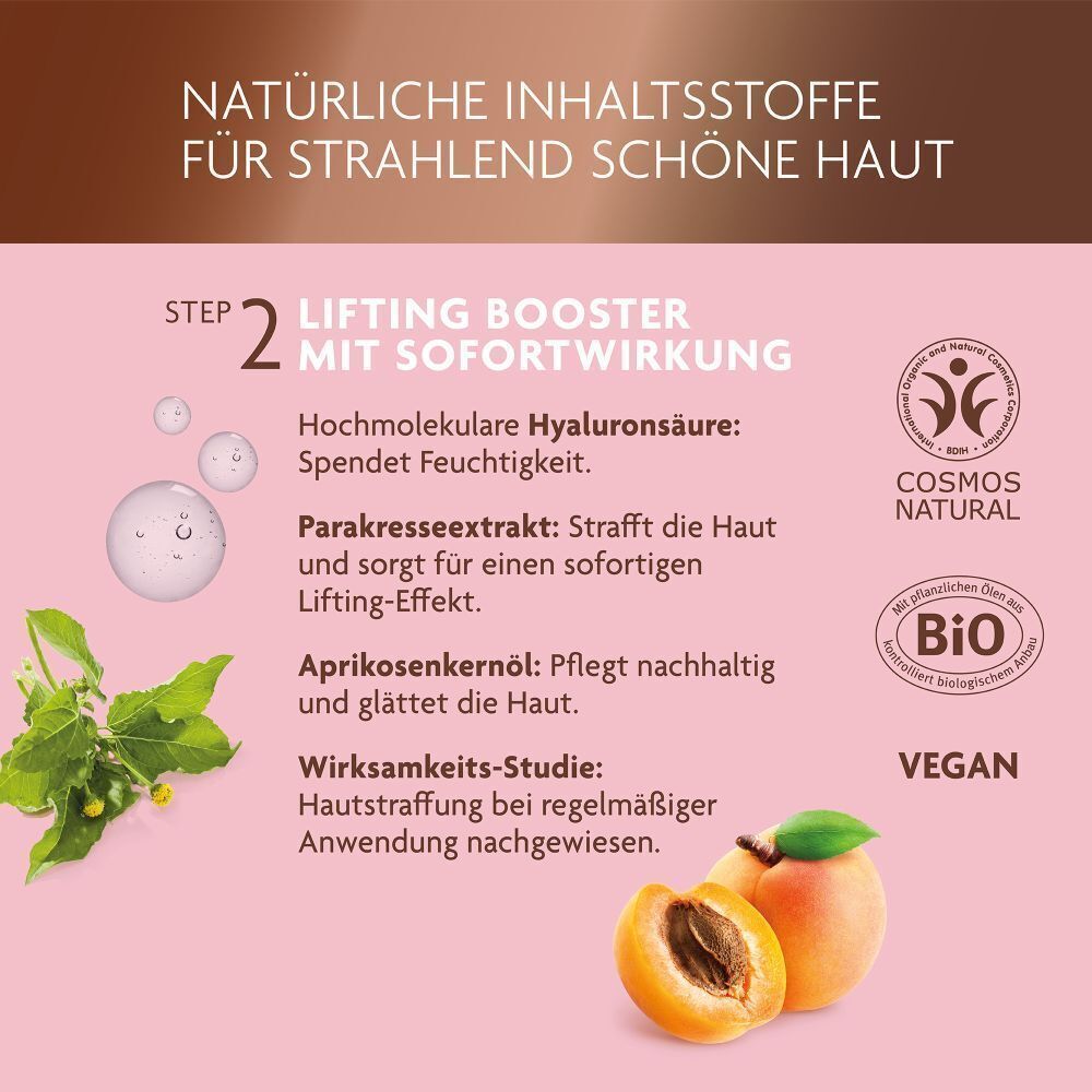 Inhaltsstoffe: Lifting Booster. Tröpfchen, Parakresse, Aprikose, Bio-Siegel, Vegan-Siegel.
