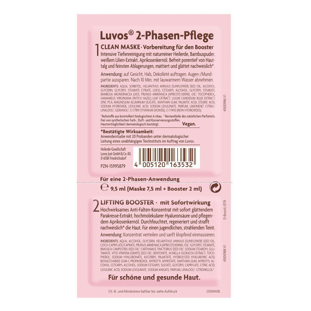 Rückseite der Produktverpackung. Text: 2-Phasen-Pflege. Inhaltsstoffe, Anwendung, Vegan-Siegel.