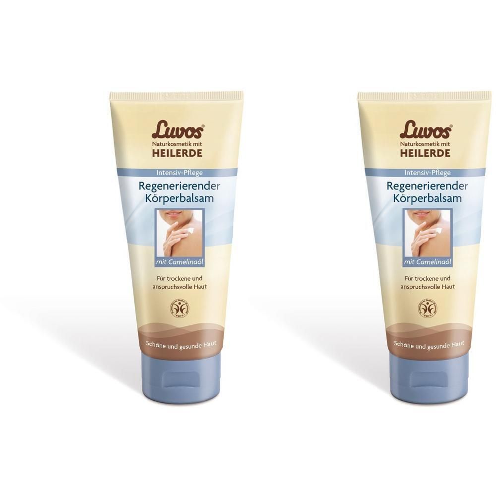 Zwei Tuben Körperbalsam. Beige Tube mit blauem Deckel. Aufschrift: Luvos Heilerde, Regenerierender Körperbalsam.