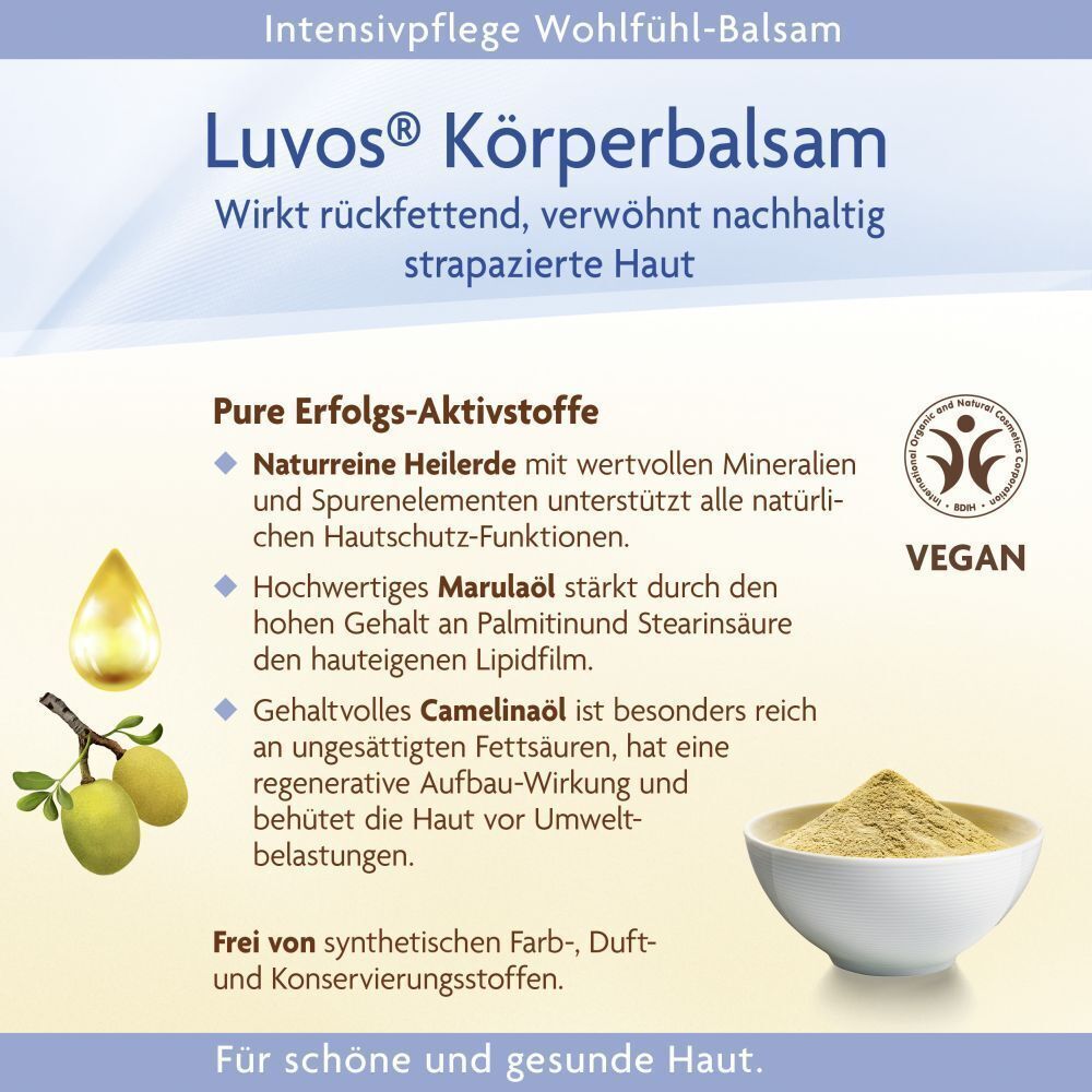 Werbefläche mit Inhaltsstoffen. Tropfen, Olivenzweig, Schale mit Pulver. Text: Natürliche Heilerde, Marulaöl, Camelinaöl. Vegan-Siegel.