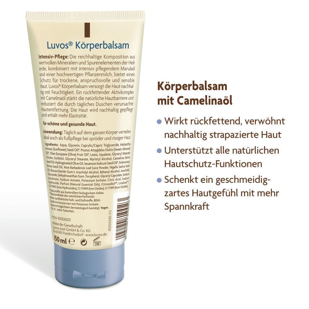 Rückseite der Körperbalsam-Tube. Text: Luvos Körperbalsam mit Camelinaöl. Wirkt rückfettend, verwöhnt strapazierte Haut.