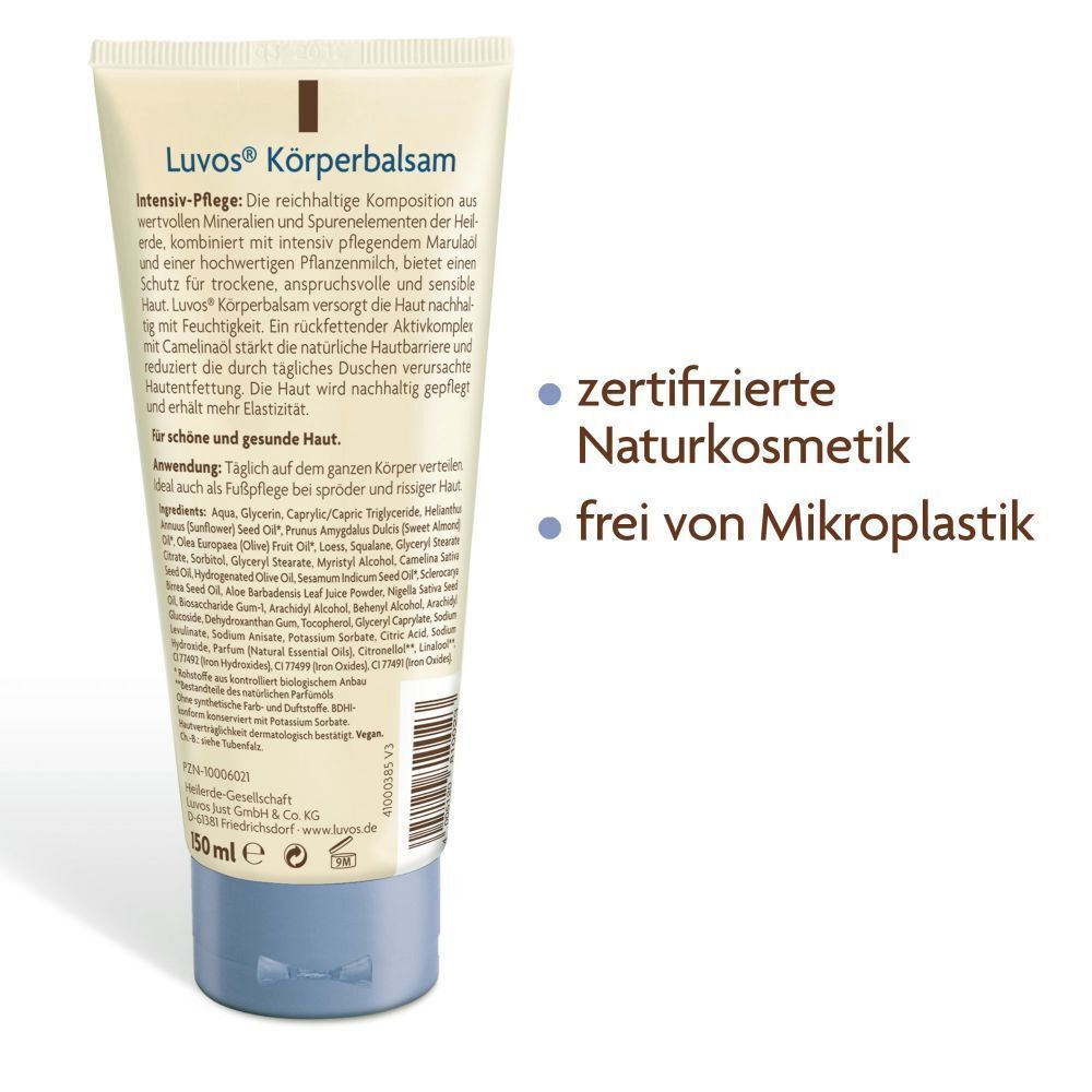 Rückseite der Körperbalsam-Tube. Text: zertifizierte Naturkosmetik, frei von Mikroplastik.