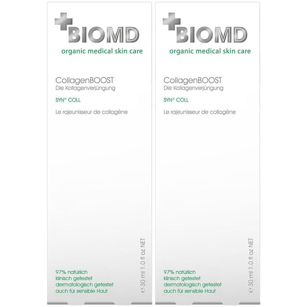 Zwei weiße Faltschachteln mit BIOMD-Logo und CollagenBOOST-Schriftzug. Text in Deutsch und Französisch. 30 ml.