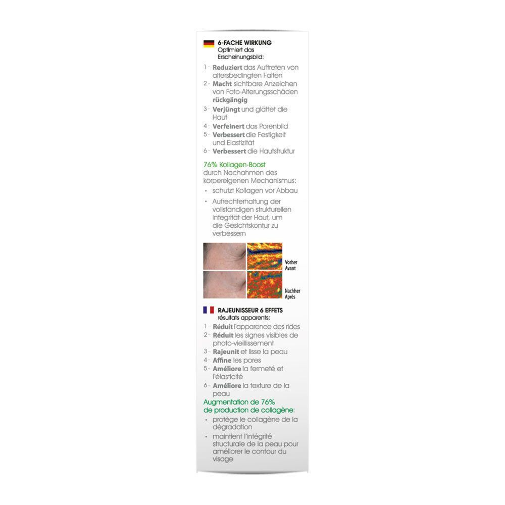 Rückseite einer weißen Faltschachtel mit Text in Deutsch und Französisch. Enthält Informationen zu Inhaltsstoffen und Wirkung.