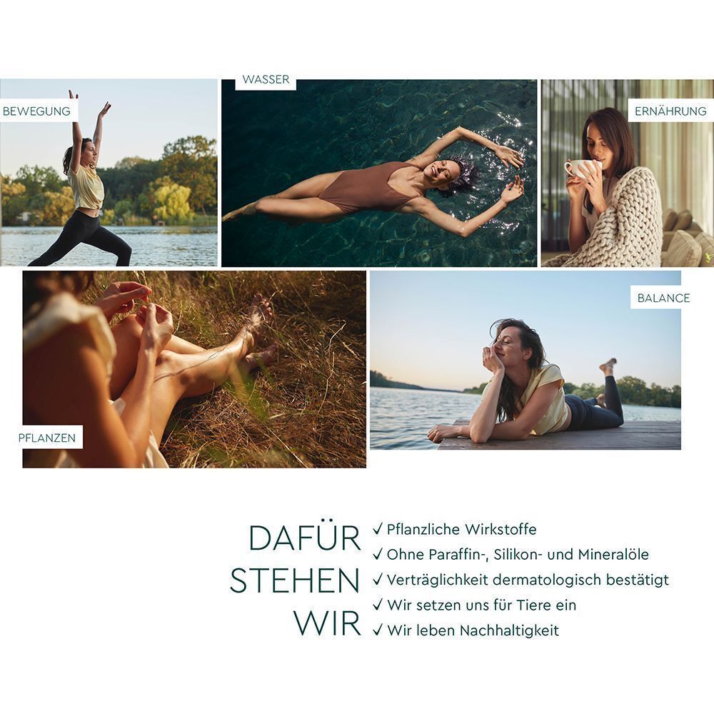 Collage mit Bildern von Wasser, Bewegung, Ernährung, Pflanzen und Balance. Text über die Werte des Unternehmens.