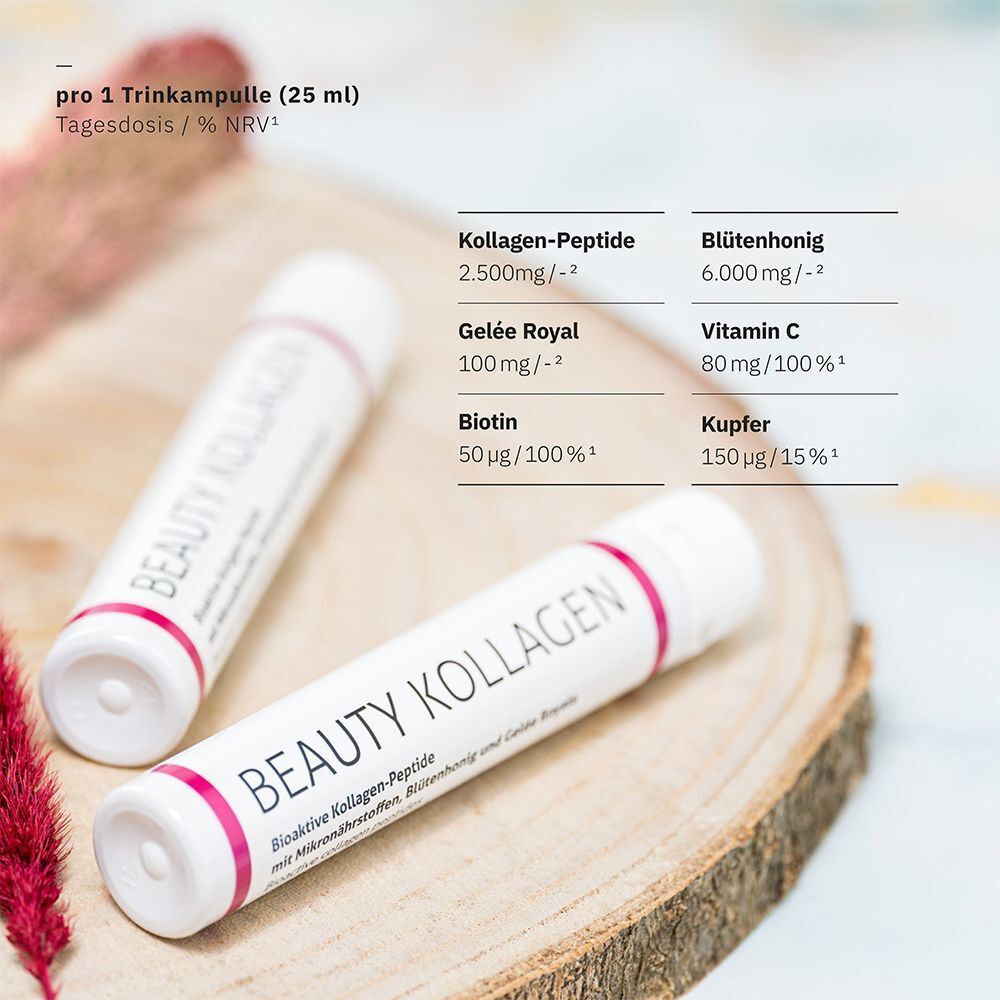 Zwei Bakanasan Beauty Kollagen Trinkampullen mit Nährwertangaben.