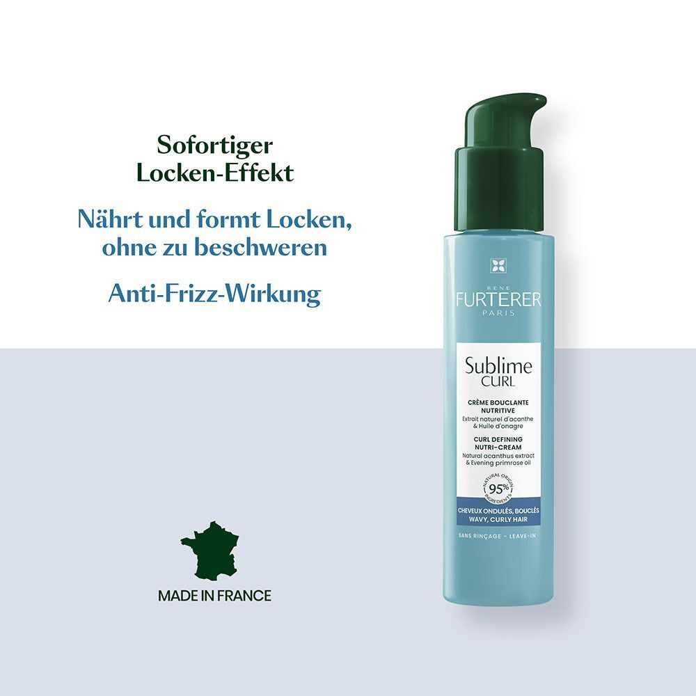 Eine Flasche FURTERER Sublime Curl Locken-Creme. Blaue Flasche mit grünem Pumpdeckel. Text: Sublime Curl, Crème Bouclante Nutritive. Made in France.
