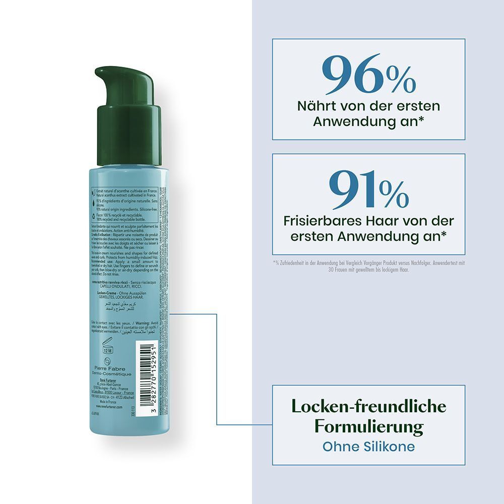 Rückseite einer Flasche FURTERER Sublime Curl Locken-Creme. Text: 96% pflegend, 91% kämmbares Haar. Lockenfreundliche Formulierung, ohne Silikone.