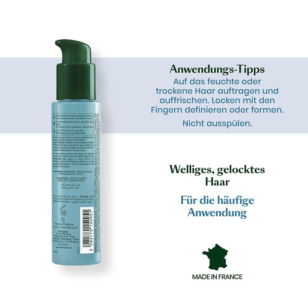 Rückseite einer Flasche FURTERER Sublime Curl Locken-Creme. Text: Anwendungstipps, welliges, gelocktes Haar. Made in France.