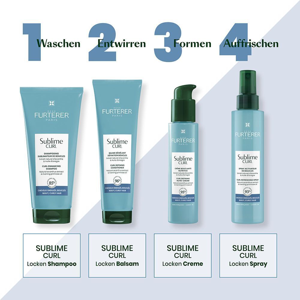 Vier Produkte: Locken Shampoo, Locken Balsam, Locken Creme, Locken Spray. Text: FURTERER Sublime Curl.